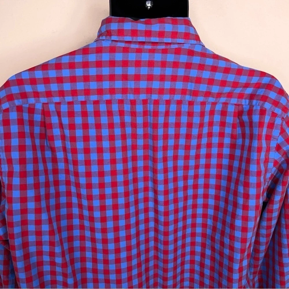 Large J Crew Mens Plaid Shirt Blue Red Cotton Button Front Long Sleeve Preppy